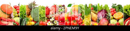 Panorama aus mehrfarbigem frischem Obst und Gemüse, getrennte vertikale Linien auf weißem Hintergrund. Stockfoto