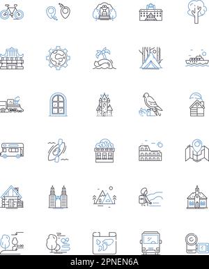 Overseas Adventure Line Icons Kollektion. Entdeckungsreise, Wanderlust, Abenteuer, Kultur, Erfahrung, Expedition, Entdeckungsvektor und linear Stock Vektor