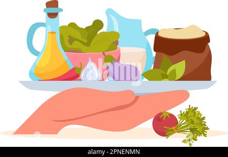 Macronutrients flat composition with front view of human hand holding tray with protein containing food products vector illustration Stock Vektor