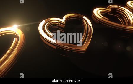 Herz Liebe Gesundheit ai Tech Code und Cyber Dating goldenes Metall Glanz Symbol Konzept. Spektakuläres Glüh- und Reflexionslichtsymbol abstraktes Objekt 3D Il Stockfoto
