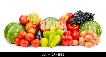 Verschiedene helle gesunde Früchte und Gemüse isoliert auf weißem Hintergrund. Stockfoto