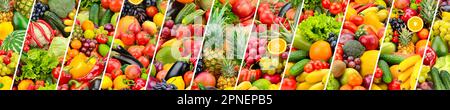 Obst, Gemüse, Beeren, durch schräge Linien getrennt. Breites Panorama. Stockfoto
