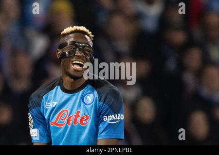 Neapel, Italien. 18. April 2023. Fußball: Champions League, SSC Napoli - AC Mailand, K.o.-Runde, Viertelfinale, Second Legs, Stadio Diego Armando Maradona, Napoli Victor Osimhen während des Spiels. Kredit: Oliver Weiken/dpa/Alamy Live News Stockfoto