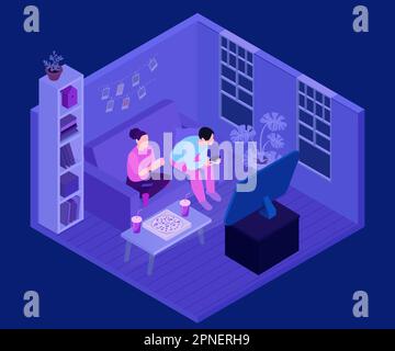Isometrische Zusammensetzung von Gamern mit isoliertem Blick auf das Wohnzimmer, wobei ein Paar Videospiele auf dem Sofa spielt, Vektordarstellung Stock Vektor