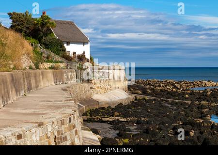 Eine strohgedeckte Hütte mit Blick auf die Nordsee in Runswick Bay, North Yorkshire, England, Großbritannien Stockfoto