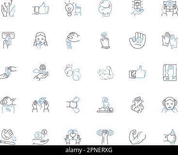 Palmenlinien-Symbolsammlung. Kokosnuss, Schatten, Strand, Oase, Tropen, Fronds, Inselvektor und lineare Darstellung. Brise, Resort, Hammock Umrissschilder Stock Vektor