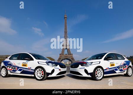 Paris, Frankreich. 18. April 2023. Opel Corsa e-Rally Cup während des Plan de Féminisation FFSA, Paris, Frankreich le 18 Avril 2023 - Foto : André Ferreira/DPPI Credit: DPPI Media/Alamy Live News Stockfoto