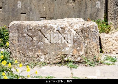 Stein mit einer Inschrift in lateinischer Schrift in der antiken Stadt Cuicul-Djemila. UNESCO-Weltkulturerbe. Stockfoto