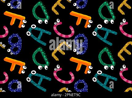 Zeichentrickfilm englische Buchstaben nahtlose Monster mit Augenmuster für Kinderbekleidung und Accessoires, Bettwäsche und Stoffe und Kindergarten-Tex Stockfoto