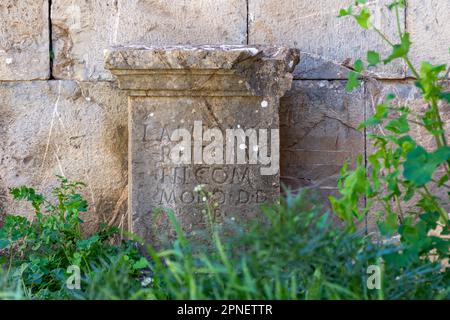 Stein mit einer Inschrift in lateinischer Schrift in der antiken Stadt Cuicul-Djemila. UNESCO-Weltkulturerbe. Stockfoto