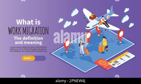 Horizontales Banner für Wanderarbeitnehmer mit Definition und Bedeutung isometrischer Vektordarstellung Stock Vektor