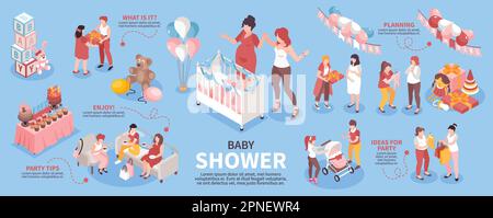 Infografik-Set für Babyparty mit isometrischen Vektorgrafiken zur Begrüßung Stock Vektor