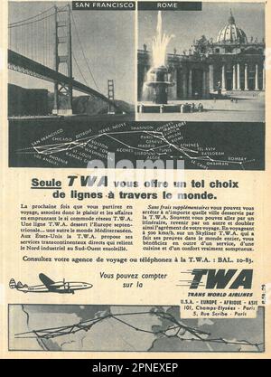 TWA Trans World Airlines französische Printwerbung, 1951 Stockfoto