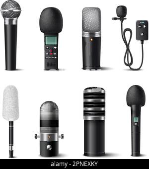 Realistische Mikrofonsymbole mit isolierter Vektordarstellung für Audioaufnahmegeräte Stock Vektor