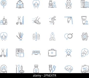 Symbolsammlung für medizinische Check-Linien. Screening, Diagnose, Physical, Tests, Beurteilung, Untersuchung, Gesundheitsvektor und lineare Darstellung. Analyse Stock Vektor