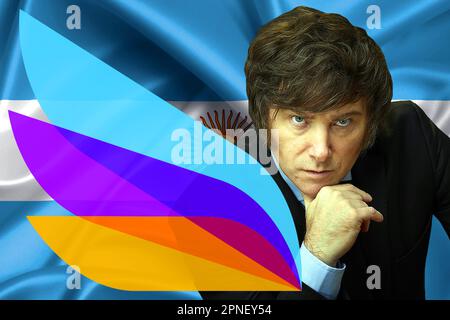 Javier Milei, argentinische Flagge und Logo der Libertarian Party Stockfoto