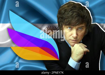 Javier Milei, argentinische Flagge und Logo der Libertarian Party Stockfoto