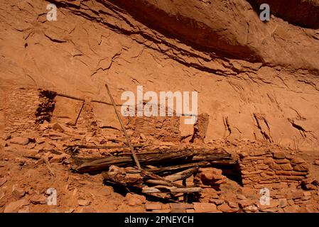 Überreste eines alten Bauwerks mit Petroglyphen dahinter in Utahs Grand Gulch Stockfoto