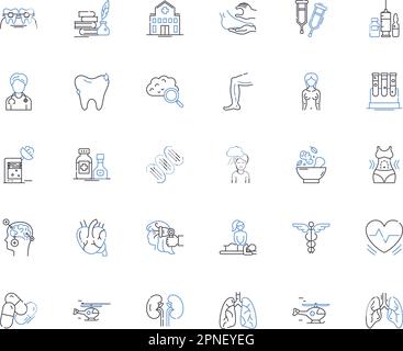 Sammlung der Liniensymbole für klinische Maßnahmen. Diagnose, Behandlung, Chirurgie, Biopsie, Endoskopie, Radiologie, Anästhesievektor und lineare Darstellung Stock Vektor