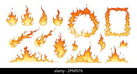Feuer und Flammen verschiedener Formen und Größen flache, auf weißem Hintergrund isolierte Vektordarstellung Stock Vektor
