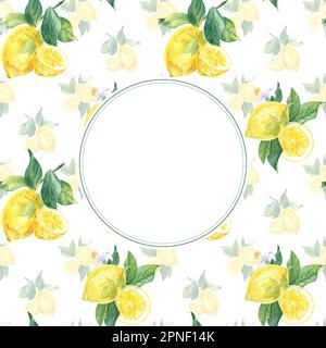 Aquarell-Bilderrahmen mit Zitronen, Blättern und Blumen, handgezeichnet im botanischen Stil. Für Menü, Einladungen, Karten, Hintergrundbilder, trendige Poster Stockfoto