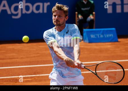 Barcelona, Spanien. 18. April 2023. Goffin in Aktion während der ATP 500 Barcelona Open Banc Sabadell Conde De Godo Trophy im Real Club de Tenis Barcelona in Barcelona, Spanien. Kredit: Christian Bertrand/Alamy Live News Stockfoto