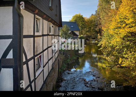 Fachwerkhaus mit der Roehr in Hachen mit Hochwassermarke der Katharinen-Flut, Deutschland, Nordrhein-Westfalen, Sauerland, Sundern Stockfoto
