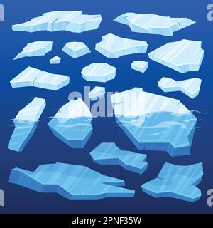 Gefrorenes arktisches, gerissenes Eis Symbol Setzen unterschiedlich große Eisstücke liegen über und unter der Wasservektorabbildung Stock Vektor