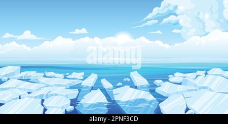 Eingefrorenes arktisches, zerrissenes Eis im Meer vor dem Hintergrund von Wolken und Sonnenschein-Vektorbildern Stock Vektor