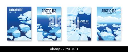 Gefrorenes, in der Arktis gerissenes Eis, vertikal isoliertes Posterset mit Beschreibungen und Überschriften, Vektordarstellung Stock Vektor