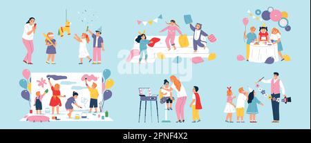 Kinder Party flache Symbole mit glücklichen Kindern isolierte Vektorzeichnung Stock Vektor