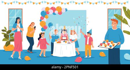 Kinderparty Flachkonzept mit glücklichen Kindern zum Geburtstag eines Freundes Vektorbild Stock Vektor