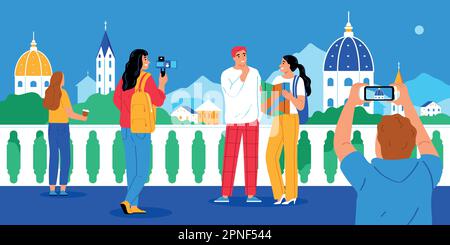 Reise-Blogger-Flachposter mit jungen Menschen mit mobilen Geräten werden als Vektordarstellung dargestellt Stock Vektor