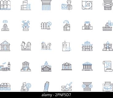 Symbolsammlung für Türme. Wolkenkratzer, Zitadelle, Wachturm, Beacon, Schloss, Leuchtturm, Monument-Vektor und lineare Illustration. Säule, Spalte Stock Vektor
