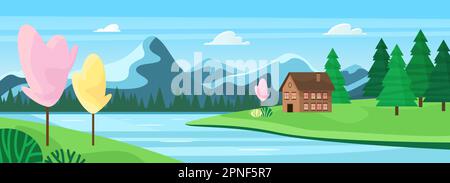 Eine idyllische Frühlingslandschaft mit bezauberndem Haus, umgeben von Fluss und grünen Wiesen und rosa Sakura Bäumen in den wunderbaren Bergen Cartoon Vektorgrafiken. Stock Vektor