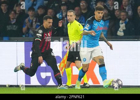 Neapel, Italien. 18. April 2023. Neapel, Italien, April 18. 2023: Giovanni Di Lorenzo (22 Neapel) tritt während des Champions League-Spiels zwischen SSC Neapel und AC Mailand im Diego Armando Maradona Stadion in Neapel, Italien, mit Ismael Bennacer (4 Mailand) in Kontakt. (Foto Mosca/SPP) Kredit: SPP Sport Press Photo. Alamy Live News Stockfoto