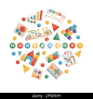 Rundes Montessory-Design-Konzept bestehend aus Mosaik Abacus und anderen Holzelementen für Kinder-Retro-pädagogische Spiele isolierte Vektorillustratio Stock Vektor