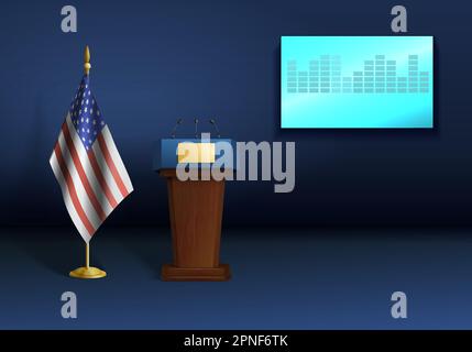 Wahlen wählen realistische Komposition mit Indoor Bühnenblick amerikanische Flaggenschirm und Tribun für öffentliche Sprachvektordarstellung Stock Vektor