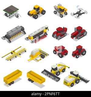 Satz mit isolierten Isometrien für moderne Landmaschinen mit Vektorgrafiken für Mähdrescher, schwere Traktoren und Pflugdozer Stock Vektor