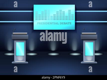 Wahlen stimmen realistische Komposition mit Innenansicht des Studios für Präsidentschaftsdebatten mit Tribunen und Leinwand-Illustration ab Stock Vektor