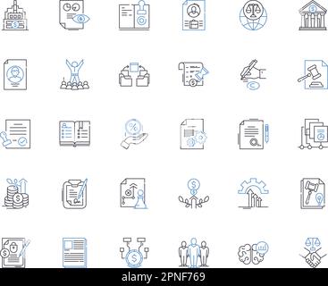 Fürsprecher Bureau Line Icons Kollektion. Interessenvertretung, Vertretung, Justiz, Recht, Unterstützung, Rechte, Befähigungsvektor und lineare Darstellung. Zugriff Stock Vektor