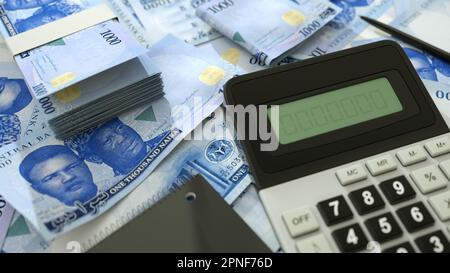 Nigerianische Naira-Notizen verteilen sich mit Taschenrechner, Stift und Notizbuch. 3D-Rendering Stockfoto