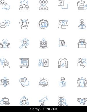 Durchsuchen der Symbolsammlung für Lernzeilen. Entdeckung, Experimentieren, Bildung, Abenteuer, Wissen, Studie, Insight Vektor und lineare Darstellung Stock Vektor
