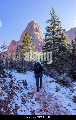 USA, Utah, Zion-Nationalpark, Seniorblonde Wandern Stockfoto