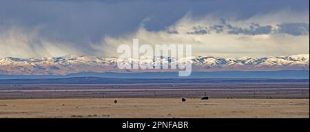 USA, Idaho, Blick über das offene Land zu den schneebedeckten Owyhee Mountains Stockfoto