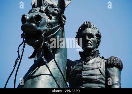 Aus nächster Nähe: Andrew Jackson Bronze-Reiterstatue von Clark Mills im Zentrum des Lafayette Square im President's Park in Washington, Stockfoto