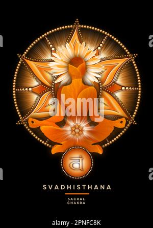 Sakrale Chakra-Meditation in Yoga-Lotus-Pose, vor dem Svadhisthana-Chakra-Symbol. Stockfoto