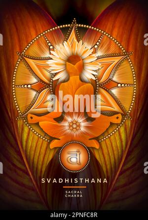 Sakrale Chakra-Meditation in Yoga-Lotus-Pose, vor Svadhisthana-Chakra-Symbol und Canna-Blatt. Stockfoto