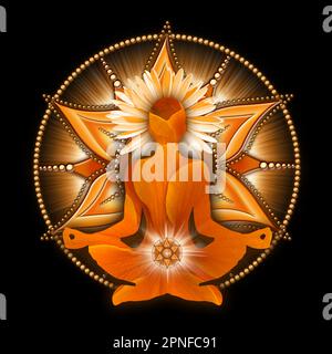 Sakrale Chakra-Meditation in Yoga-Lotus-Pose, vor dem Svadhisthana-Chakra-Symbol. Stockfoto