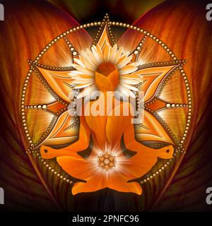 Sakrale Chakra-Meditation in Yoga-Lotus-Pose, vor Svadhisthana-Chakra-Symbol und Canna-Blatt. Stockfoto